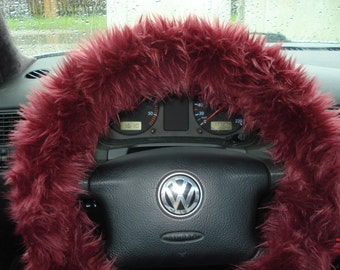 Burgundy Fuzzy Steering Wheel Cover, Car accesories, Faux Fur Steering Wheel Cover, Furry Steering Wheel, Burgundy Steering Wheel Cover