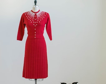 Vintage 1950s coral Red knit cardigan and skirt set with white beading