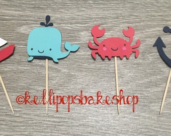 Artículos similares a Nautical cupcake toppers - PDF Azul marino y rojo