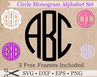 Circle Monogram SVG, EPS, DXF, Png Files, Circle Monogram Font Design+3 Free Frames, Circle Svg Silhouette Studio Files, Cut Files, Cricut