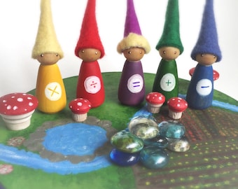 Math Gnomes, set of 5 peg dolls, four processes, mathmatics manipulative, wood peg people, waldorf, sensory, oak meadow, wood and felt,