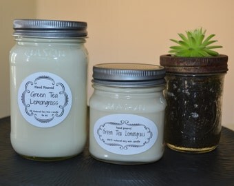 Green Tea Lemongrass Candle - All Natural Scented Soy Wax Candle - Mason Jar 8oz - 16oz - Silky Soy Candles