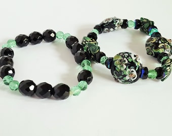 Black and Green Lampwork Stretch Bracelet