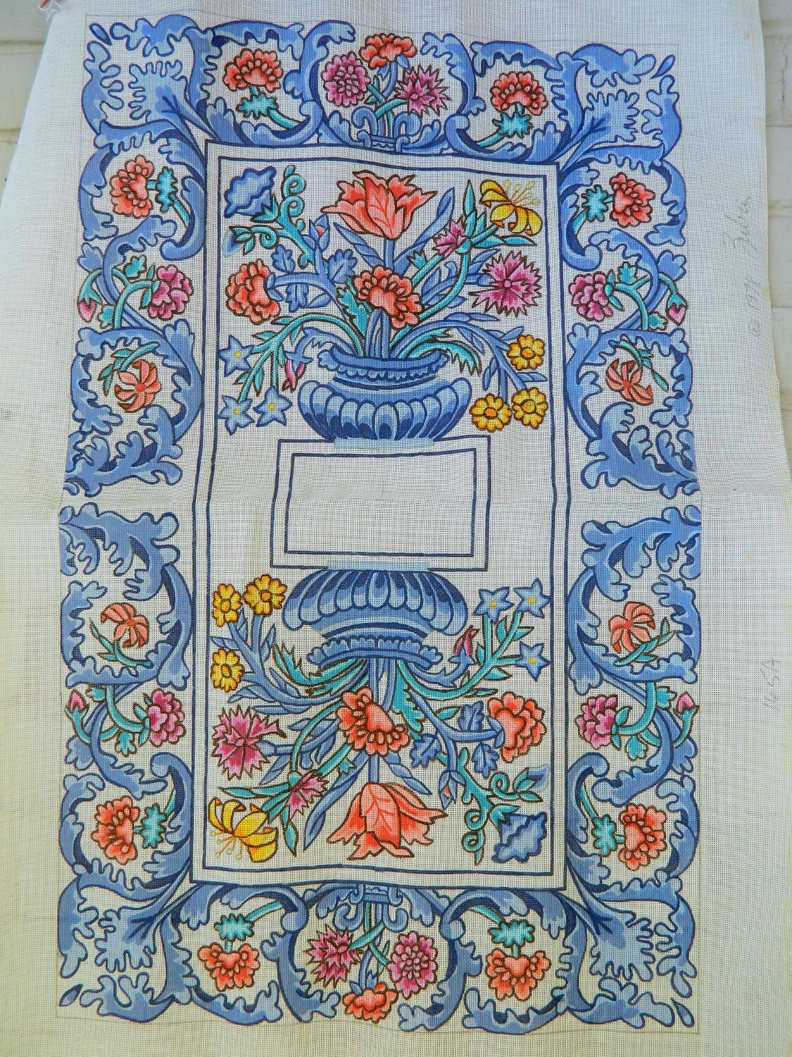 Large Vintage Needlepoint Canvas Floral Flower Urn 1978 Signed