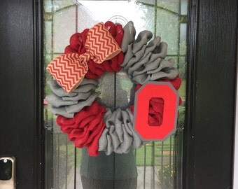 Burlap Wreath red and grey burlap; Ohio State wreath, everyday wreath