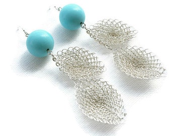 Long dangle earrings silver with turquoise bead, bohemian chic earrings with silver wire crochet leaves, festival earrings