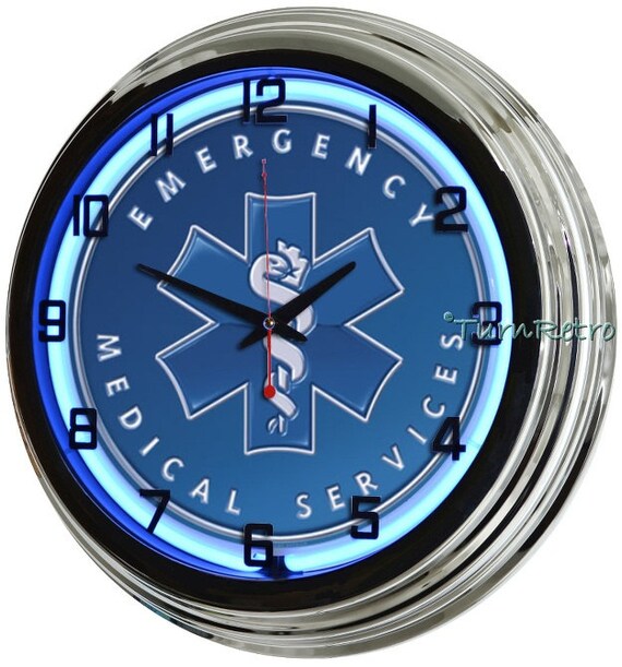 EMS Emergency Medical Service Blue Neon Wall Clock by TurnRetro