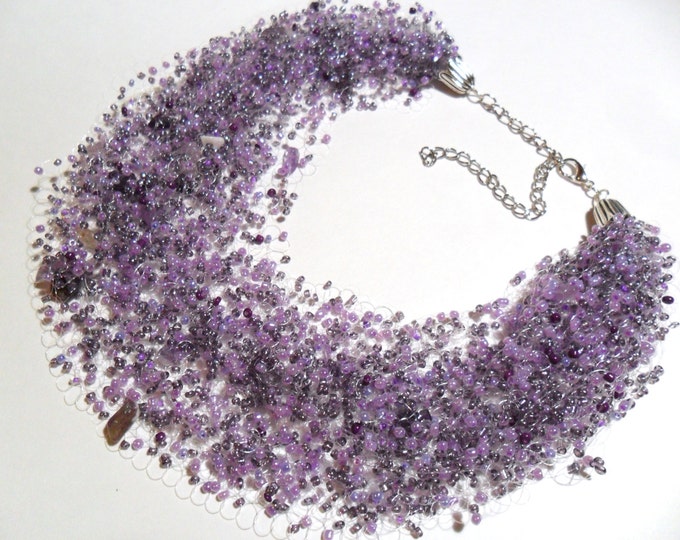 Amethyst stone airy crochet necklace bridesmaid multistrand statement gift for her cobweb unusual natural stone gift idea beaded casual bead