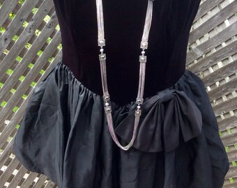 Early 1980s Black Velvet and Taffeta Strapless Prom Dress