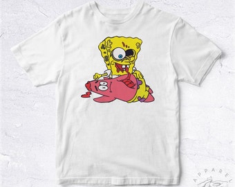 NEW Tee Shirt Sponge Bob Zombie BIO HANDMADE Patrick Bob L'Éponge Tv Simpsons Brain Eat Movie Cartoon Mix Fun Funny Joke Anime Dessin Animé