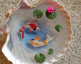 Miniature Koi Pond in Seashell, Fairy Garden Miniatures, Miniature Garden, Dollhouse Miniatures, Polymer Clay Koi, Fairy Garden Accessories