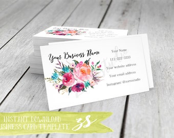 Business Card Template, Floral Rustic Watercolor Business Card, Instant Download, DIY Blank Business Card Template -BC006