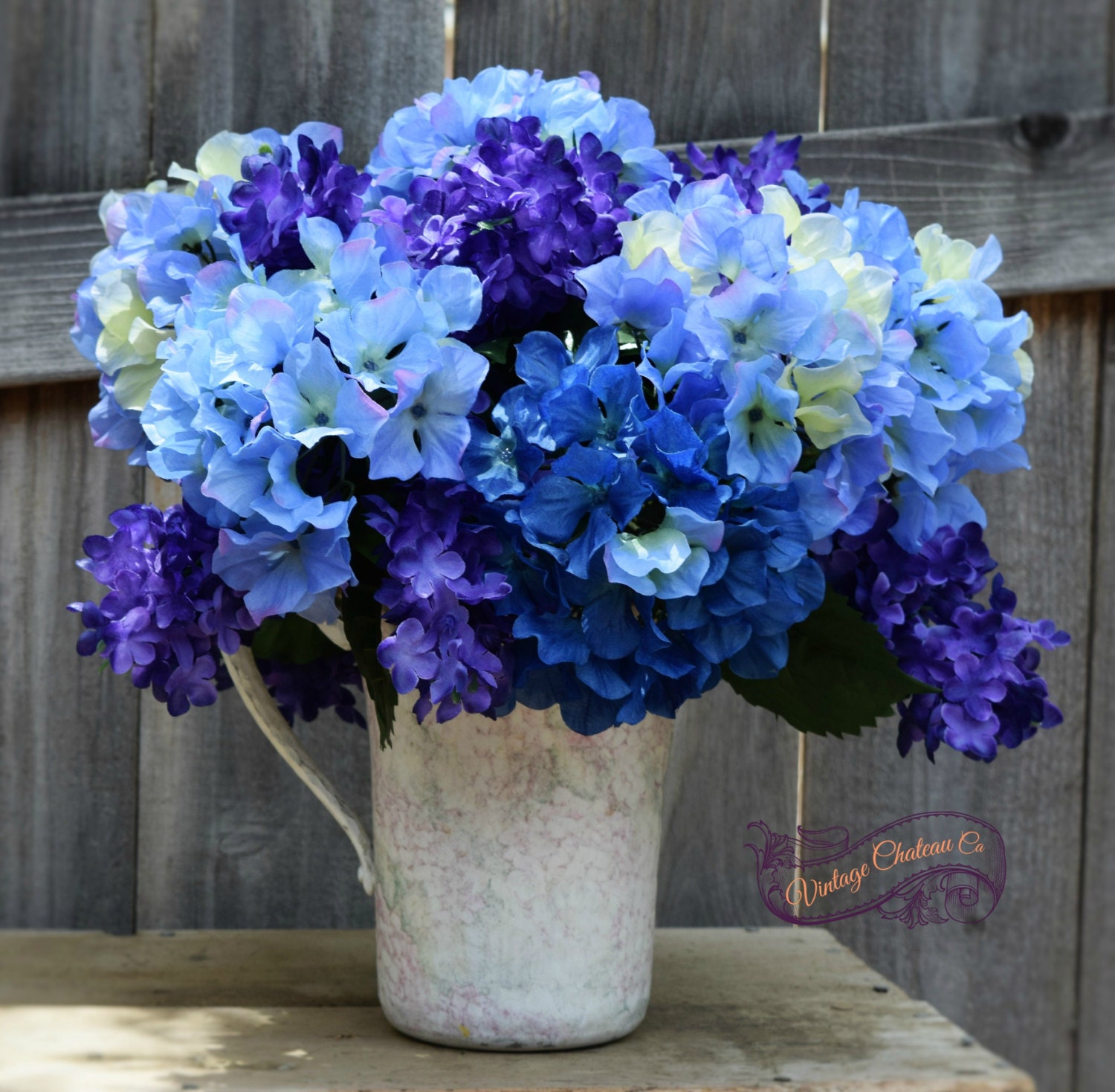 Shabby Chic Hydrangea Floral Arrangement In A by Vintagechateauca
