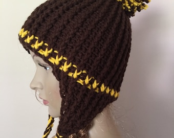 crochet hat with ear flaps, soft hat with ear flap in brown and gold