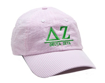 DZ Delta Zeta Sorority Seersucker Line Baseball Hat.