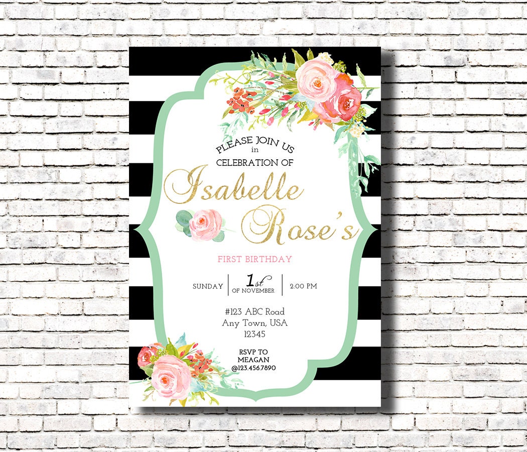 Black White & Floral 1st Birthday Invitation