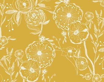 AGF CANVAS Floral Fabric Cotton Canvas Yellow Floral Fabric Art Gallery Decorator Fabric Cotton Canvas Floral Line Drawings in Canvas Fabric