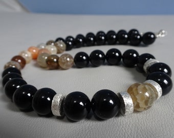 Men/wonan beads necklace - Onyx,Agate and sterling silver beads - 925 sterling silver - Boho - gemstone beaded necklace