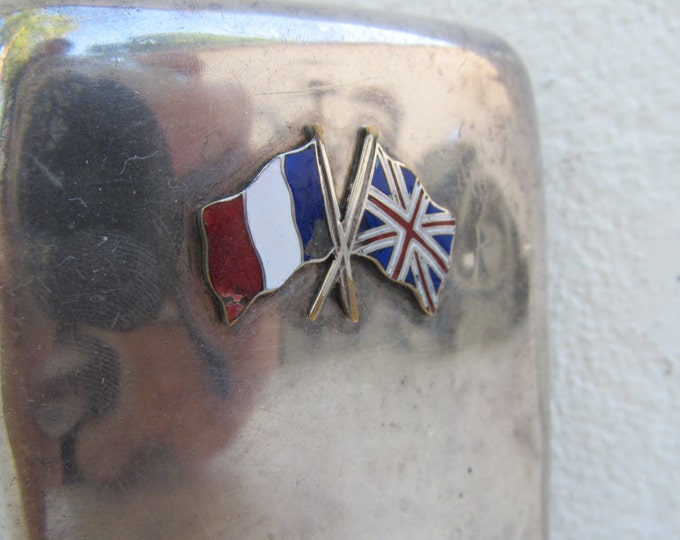 Vintage cigarette case, silver plated card case, epns smoking box, enamel French / British flag, entente cordiale, WWI victory commemoration