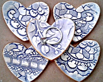 FIVE Ceramic Heart ring bowls Pale Blue edged in gold itty bittys
