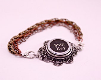 Vintage Typewriter Key SHIFT KEY Bracelet on Filigree Bezel and 7 Inch Chain