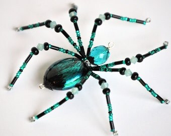 Della - teal and black glass beaded spider goth sun catcher - Halloween decoration - Christmas ornament