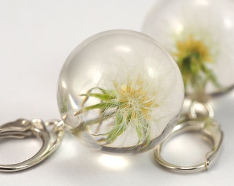 Delicate White Dandelion Earrings, Resin Earrings, resin Jewelry, Sterling Silver earrings