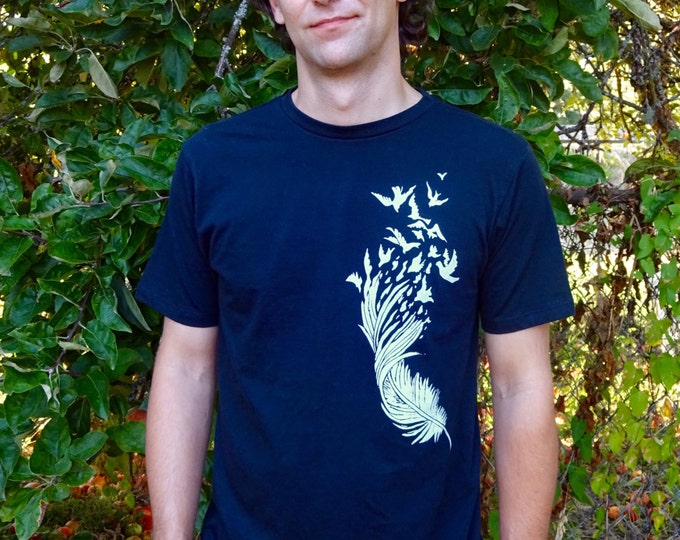 Graphic Mens Tee, Graphic Bird Shirt, Nature Shirt, Organic Cotton Shirt, Organic Men Shirt, Organic Graphic Tee, Cotton Feather Shirt