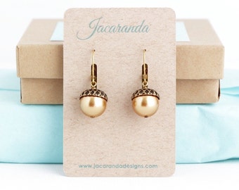 Brown Acorn Earrings - Dangle Earrings - Rustic Earrings - Woodland Earrings - Woodland Wedding - Pearl Acorn Earrings - Gold Acorn Earrings