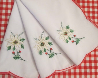 Three Vintage Christmas Napkins - Embroidered Poinsettias