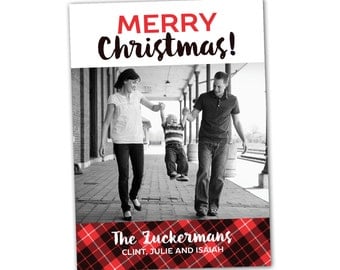 Tartan plaid Christmas card, red and black, tartan Merry Christmas holiday card, custom photo card