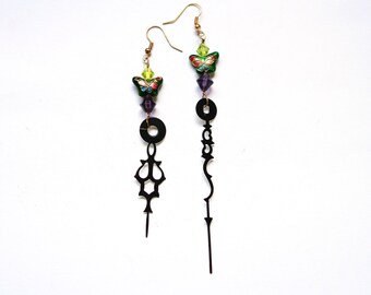 Boho Steampunk Clock Hand Earrings - Neo-Victorian Green and Amethyst Cloisonne