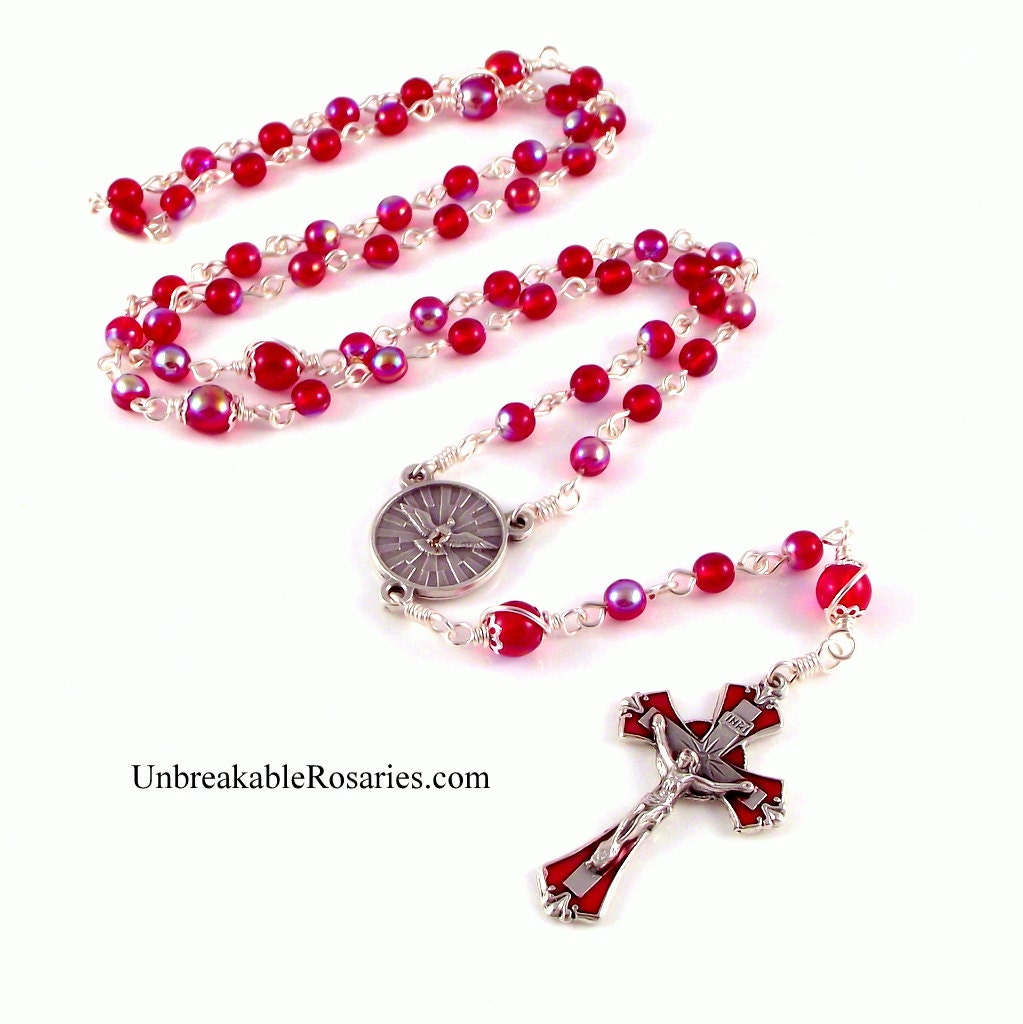 Holy Spirit Rosary Beads In Red AB Czech Glass With Red