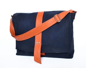 Waxed Canvas Messenger Bag, Unisex Waxed Canvas Bag, Messenger Bag for School, Work Messenger Bag - The Sloane Bag in Navy Blue and Orange