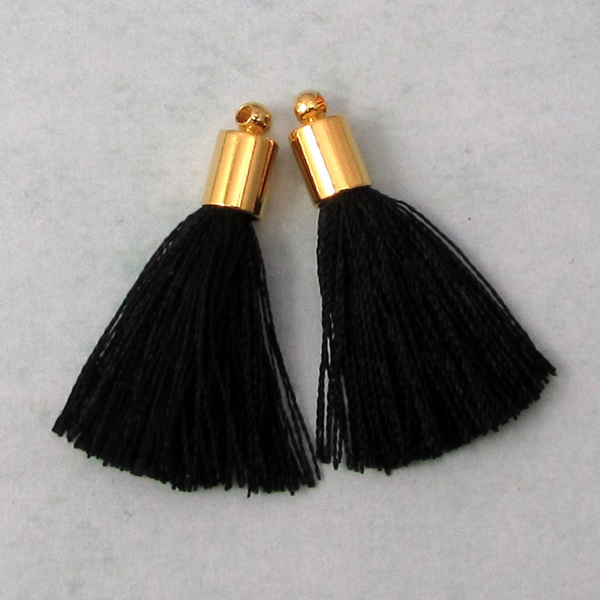 Silky Tassel Pendant, Black, Gold Cap, 30 MM, 2 Pieces, AG309 from