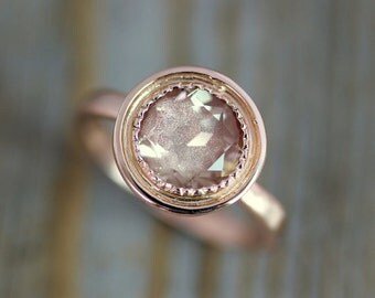14k Rose Gold and Oregon Sunstone Halo Ring, Vintage Inspired Milgrain Detail, Made To Order