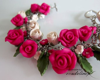 Pink Rose Garden Bracelet Handmade Polymer Clay by MadelineKdesign