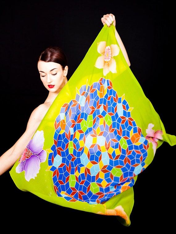 Chiffon Hand Painted Silk Scarf. Wearable art with colorful crystal formation and Orchid design. Painted on 100% chiffon Silk. size 37" x43"