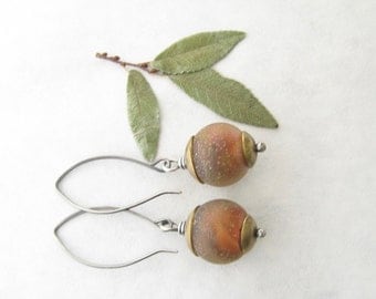 brown dangle earrings, lampwork earrings, mixed metal earrings, rustic oxidized earrings, boho dangle earrings