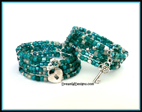 Turquoise and Silver Key To My Heart Charm Bracelet / Beaded Bracelet / Multi Strand Bracelet / Wire Wrap Bracelet / Multicolor Bracelet