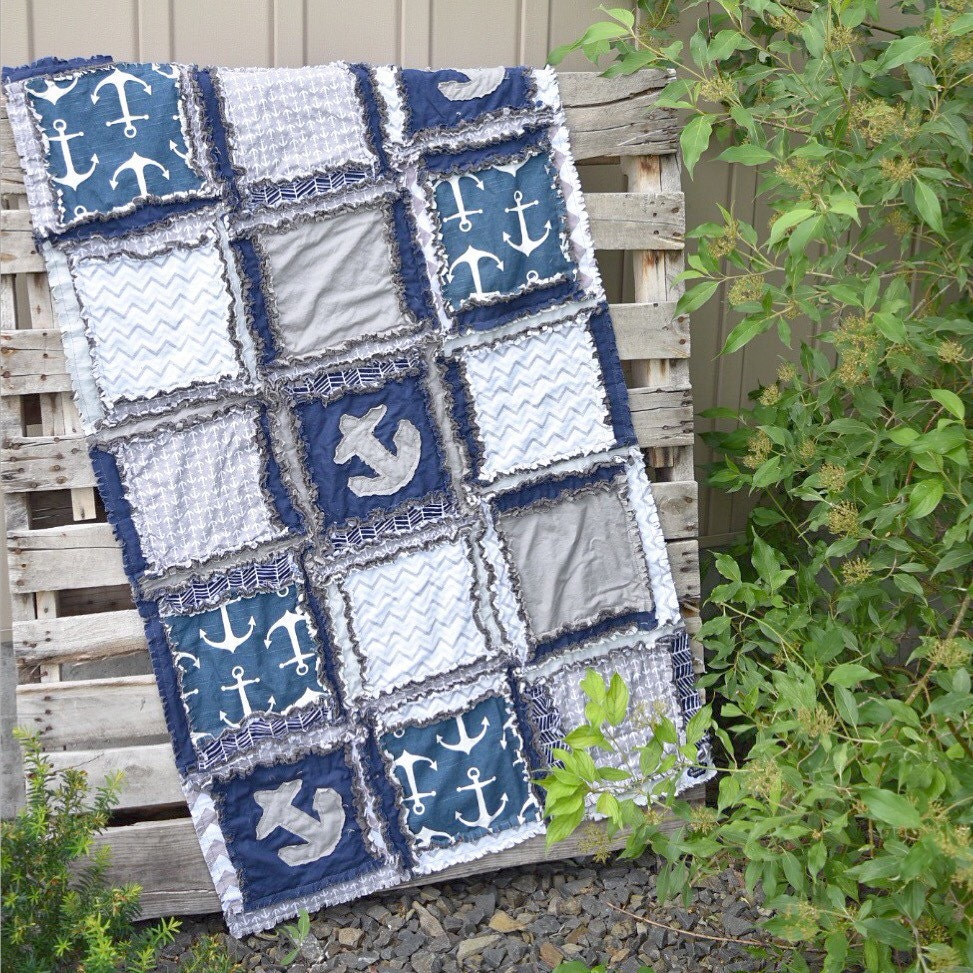 Nautical Baby Quilt Baby Boy Nursery Navy / Gray Bedding