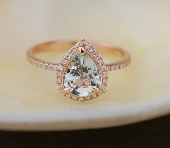 Teal sapphire ring engagement ring diamond ring 14k rose gold