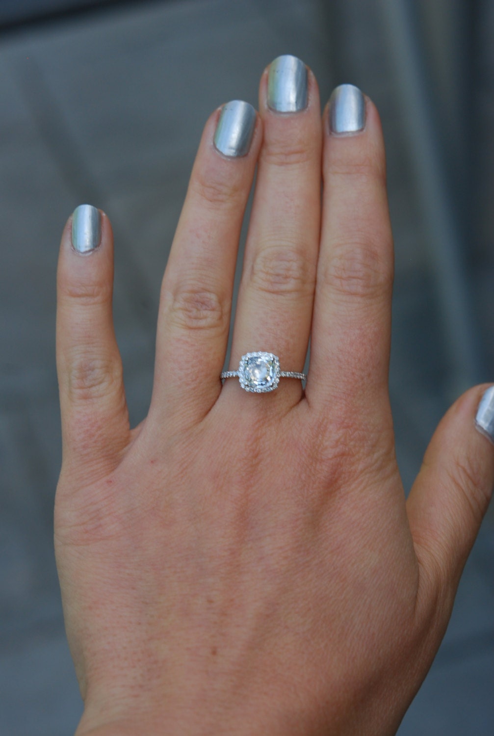 White Sapphire Engagement Ring. Cushion cut sapphire ring. Square cushion 14k white gold diamond