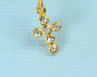 6.6x11mm 18k Solid Yellow Gold Rose Cut Champagne Diamond Cross Charm Pendant