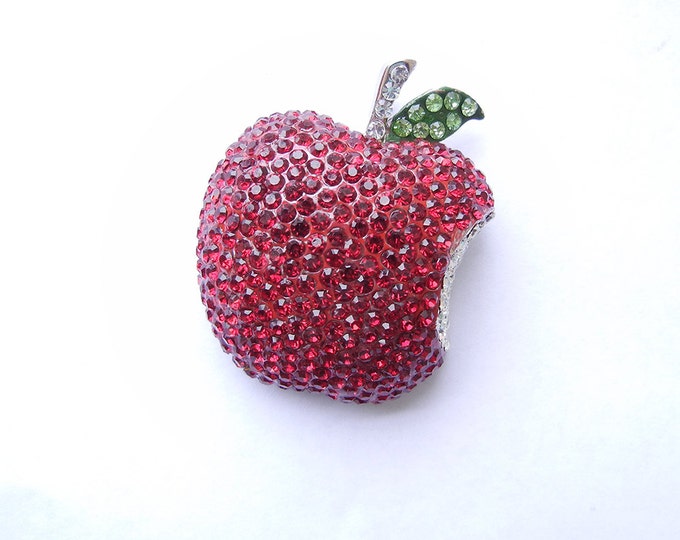 Large Red Rhinestone Bitten Apple Pendant Silver-tone