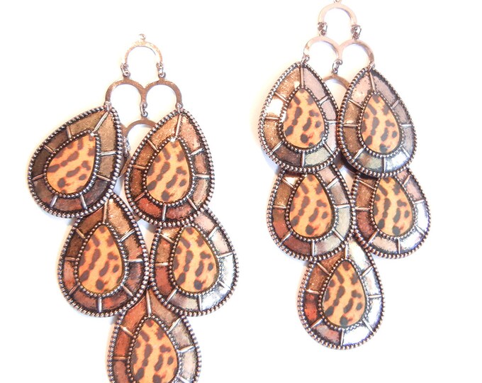 Pair of Peacock Feather Drop Charms in Copper-tone and Leopard Print