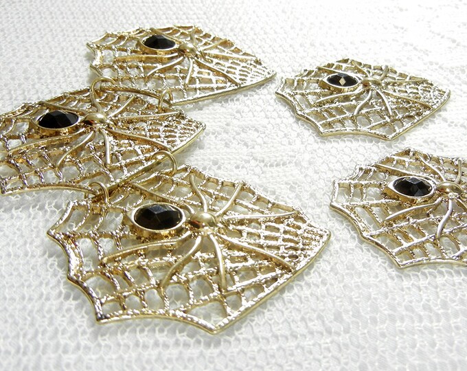 Set of Gold-tone Web and Black Acrylic Faceted Spider Pendant and Charms