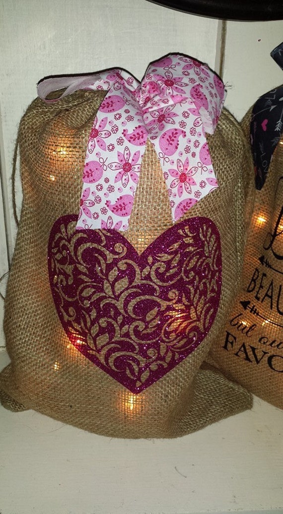 Burlap Print Burlap Bag with Lights by BluegrassBurlapCo on Etsy