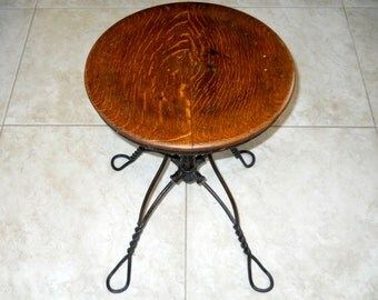 Antique Metal Swivel Wood Piano Stool-Iron Copper Kitchen Stool-Vintage Industrial Chair-Cabin Side Table-Victorian Bench- Farmhouse Chair
