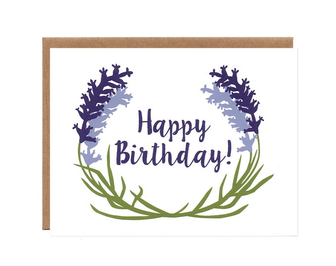 Lavender Birthday Card -- Floral, Screenprinted Happy Birthday Card